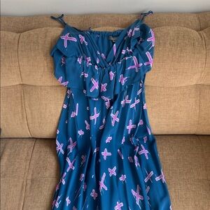 Clauadae Blue Maxi Dress with Pink Cross Pattern